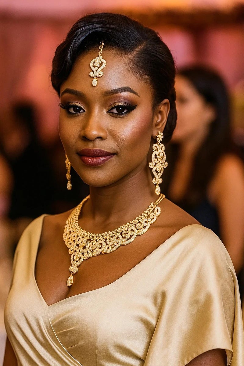 Touchstone Indian jewelry sets for women wedding bridal gold necklace bollywood desi jewellery gift party wear elegant faux pearls statement simple maang tikka bride accessories - Image 3